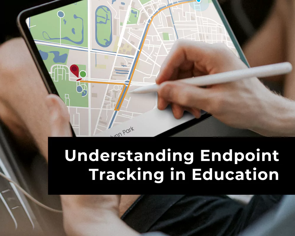 Understanding endpoint tracking systems in education, showcasing devices connected to a school network to ensure cybersecurity and protect student data.